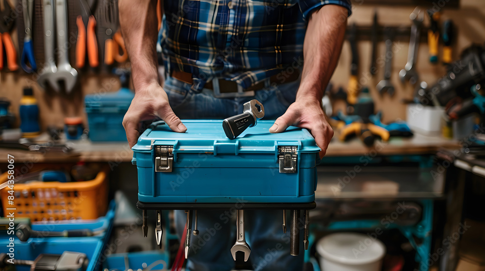 Poster close-up of hands holding a blue toolbox with a black wrench on it. surrounded by various tools in a