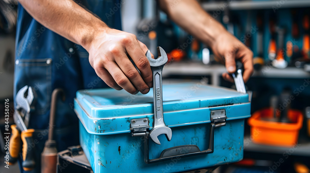 Poster close-up of hands holding a blue toolbox with a black wrench on it. surrounded by various tools in a