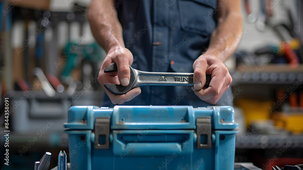 Poster close-up of hands holding a blue toolbox with a black wrench on it. surrounded by various tools in a