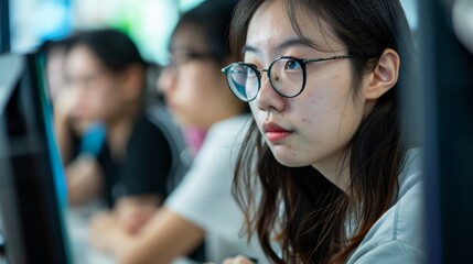 Photo of an Asian programmer focused on working to meet a set deadline.