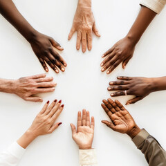 Diverse human hands reaching towards center