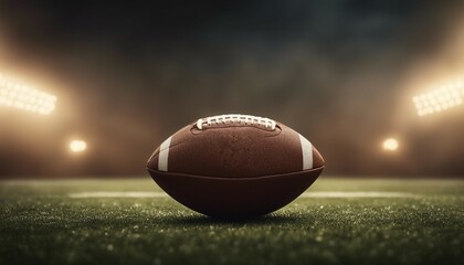 American football ball in front of warm-toned spotlights on the field and foggy background
