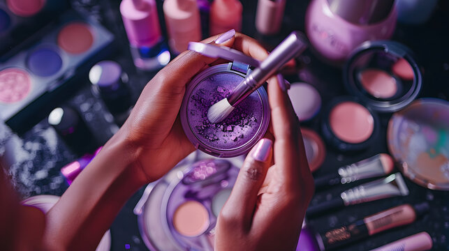 Close-up of hands holding a purple makeup kit with a silver brush on it. Surrounded by beauty products in a vanity setting. 
