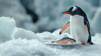 Obraz premium Illustration of Adorable penguin eagerly holding a spoon and knife, eyes wide with hunger, cute and endearing. Ai Generate.