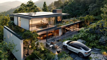 Luxury modern house with a car in the countryside