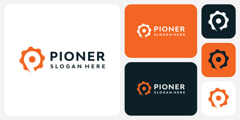 Vector logo design with the initials P in the shape of a gear with a modern, simple, clean and abstract style.