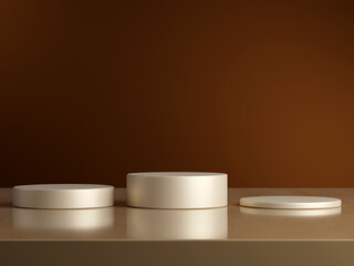 3d display product minimal scene with geometric podium platform. cylinder background 3d rendering with podium. stand for cosmetic products on brown background.