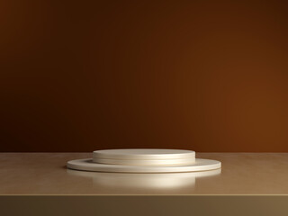 3d display product minimal scene with geometric podium platform. cylinder background 3d rendering with podium. stand for cosmetic products on brown background.