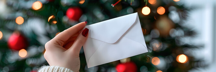 Close up of womans hand holding an envelope with Christmas tree in background 