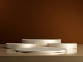 3d display product minimal scene with geometric podium platform. cylinder background 3d rendering with podium. stand for cosmetic products on brown background.