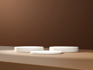 3d display product minimal scene with geometric podium platform. cylinder background 3d rendering with podium. stand for cosmetic products on brown background.