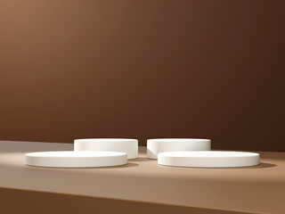 3d display product minimal scene with geometric podium platform. cylinder background 3d rendering with podium. stand for cosmetic products on brown background.