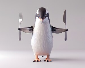 Fototapeta premium Illustration of Adorable penguin eagerly holding a spoon and knife, eyes wide with hunger, cute and endearing. Ai Generate.