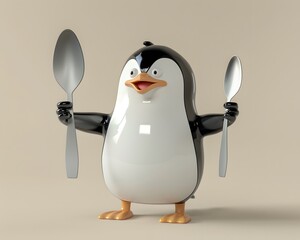 Fototapeta premium Illustration of Adorable penguin eagerly holding a spoon and knife, eyes wide with hunger, cute and endearing. Ai Generate.
