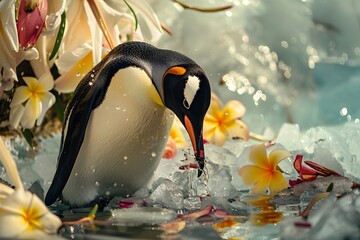 Illustration of Adorable penguin eagerly holding a spoon and knife, eyes wide with hunger, cute and endearing. Ai Generate.