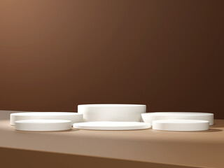 3d display product minimal scene with geometric podium platform. cylinder background 3d rendering with podium. stand for cosmetic products on brown background.