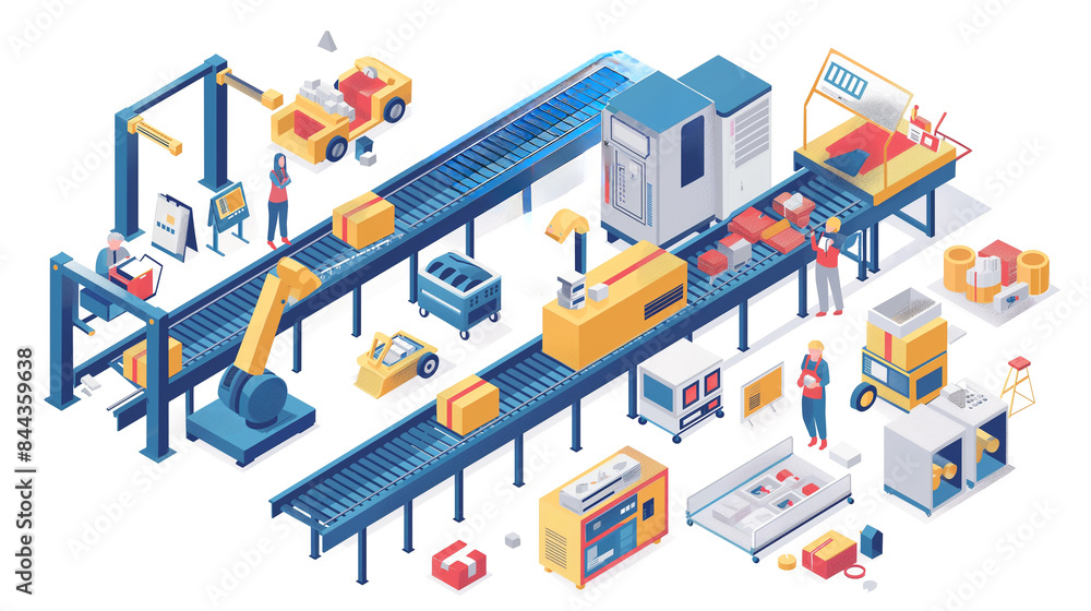 Poster isometric smart industrial factory, concept of automatic robot assembly in factory automatic system 