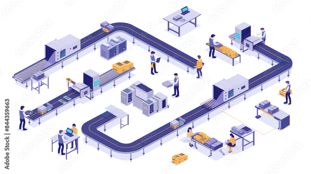 Poster isometric smart industrial factory, concept of automatic robot assembly in factory automatic system 