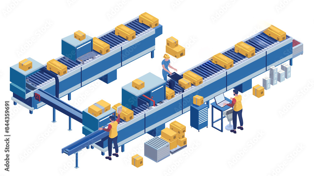 Poster isometric smart industrial factory, concept of automatic robot assembly in factory automatic system 