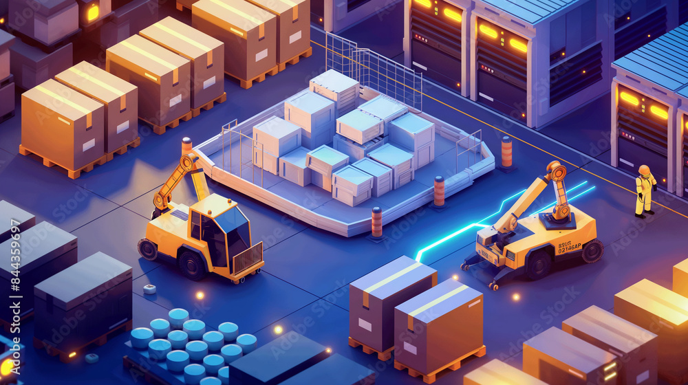 Poster isometric smart industrial factory, concept of automatic robot assembly in factory automatic system 