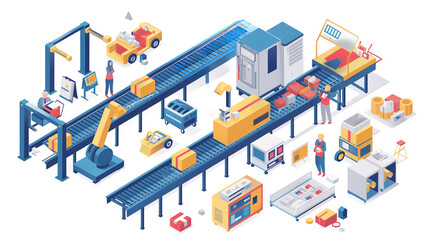 Isometric smart industrial factory, concept of automatic robot assembly in factory automatic system and factory engineer workers Illustration of 3D manufacturing technology