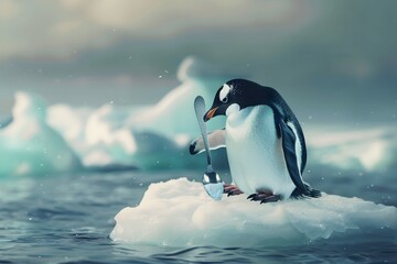 Obraz premium Illustration of Adorable penguin eagerly holding a spoon and knife, eyes wide with hunger, cute and endearing. Ai Generate.