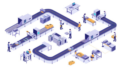 Isometric smart industrial factory, concept of automatic robot assembly in factory automatic system and factory engineer workers Illustration of 3D manufacturing technology