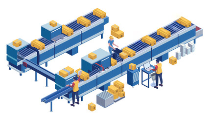 Isometric smart industrial factory, concept of automatic robot assembly in factory automatic system and factory engineer workers Illustration of 3D manufacturing technology
