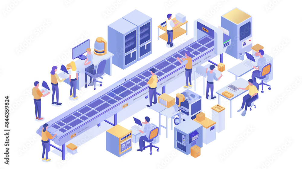 Poster isometric smart industrial factory, concept of automatic robot assembly in factory automatic system 