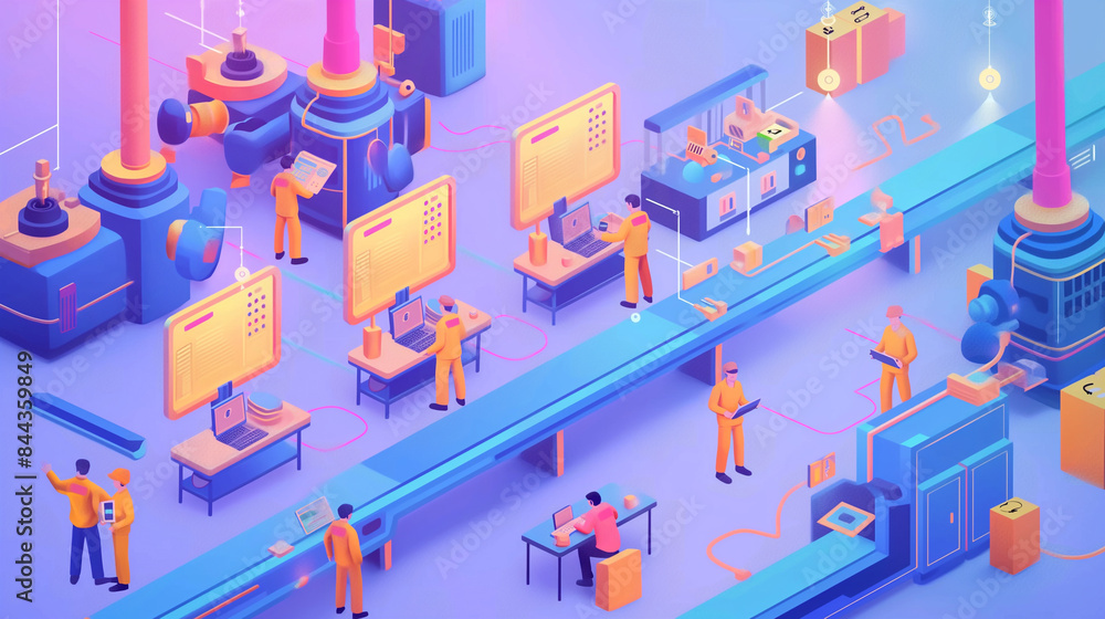 Poster isometric smart industrial factory, concept of automatic robot assembly in factory automatic system 