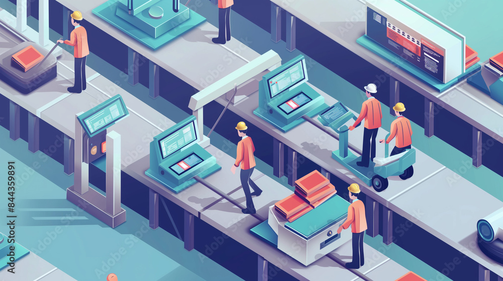 Poster isometric smart industrial factory, concept of automatic robot assembly in factory automatic system 