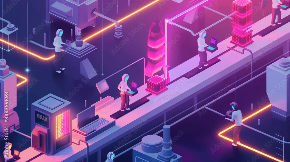 Poster isometric smart industrial factory, concept of automatic robot assembly in factory automatic system 