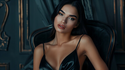 Obraz premium Young beautiful female model in black elegant dress posing on chair in studio