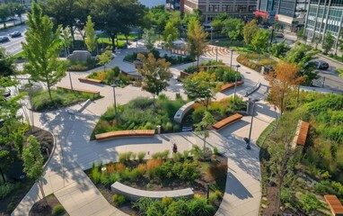 A public space revitalized through a communityled initiative, featuring modern art and green areas