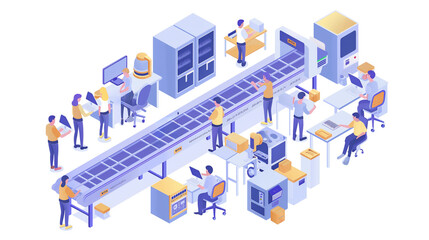 Isometric smart industrial factory, concept of automatic robot assembly in factory automatic system and factory engineer workers Illustration of 3D manufacturing technology