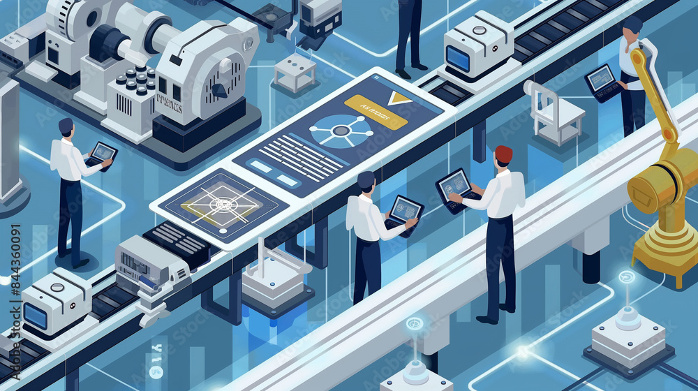 Poster isometric smart industrial factory, concept of automatic robot assembly in factory automatic system 