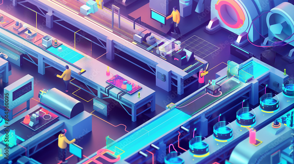 Poster isometric smart industrial factory, concept of automatic robot assembly in factory automatic system 