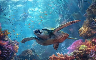 Fototapeta premium A sea turtle navigating a colorful coral reef in a hightech underwater sanctuary