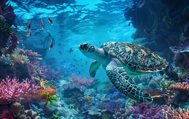Fototapeta premium A sea turtle navigating a colorful coral reef in a hightech underwater sanctuary