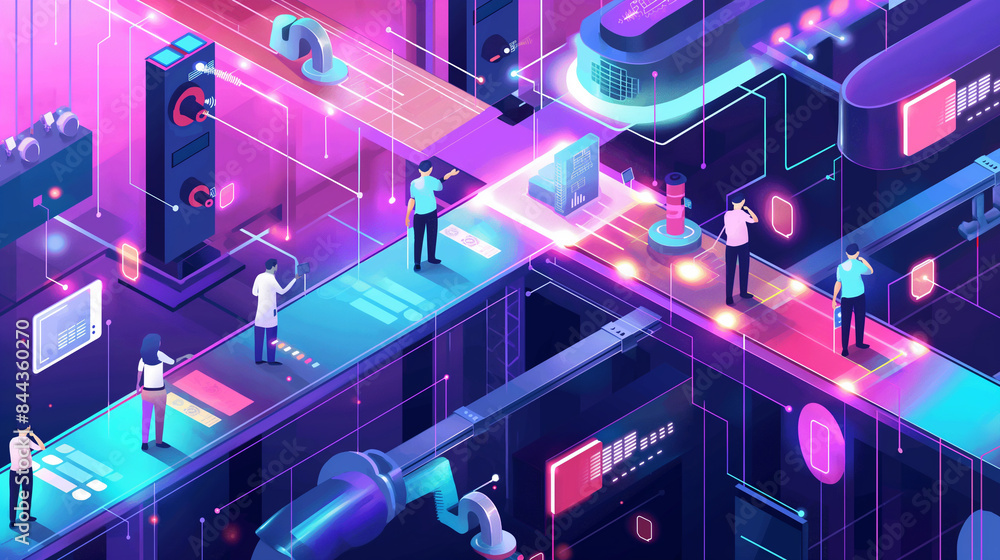 Poster isometric smart industrial factory, concept of automatic robot assembly in factory automatic system 