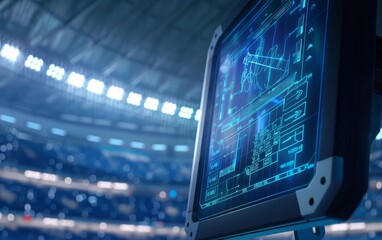 Obraz premium A sleek substitution panel in a hightech sports stadium automatically tracking player changes