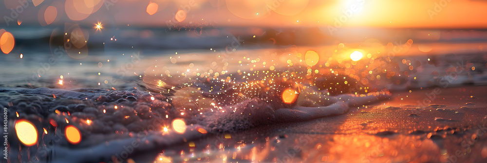 Poster closeup of sparkling fireworks on the beach at sunset. with waves crashing in the background with sp