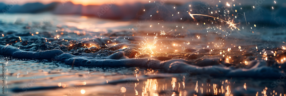 Poster closeup of sparkling fireworks on the beach at sunset. with waves crashing in the background with sp
