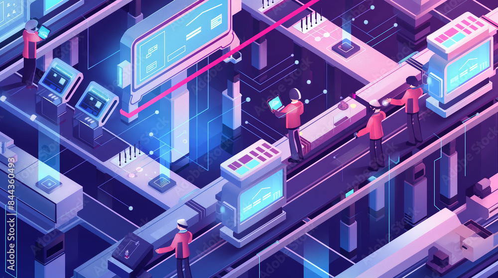 Poster isometric smart industrial factory, concept of automatic robot assembly in factory automatic system 