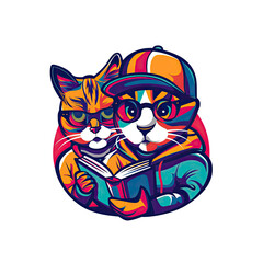 Two cats, one wearing glasses, reading a book