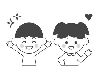 嬉しい男の子と女の子のモノクロイラスト