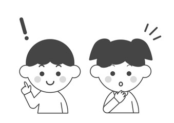 指差しをする男の子と気付いた女の子のモノクロイラスト