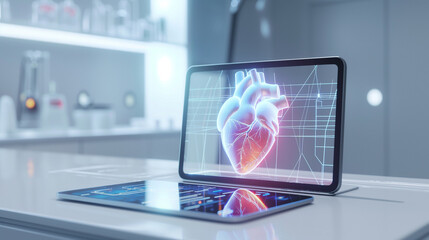 Fototapeta premium Laptop computer with 3D heart screen in the lab. Telemedicine concept, heart treatment. Medical technology uses AI metaverse, online doctors increase efficiency of patient care.