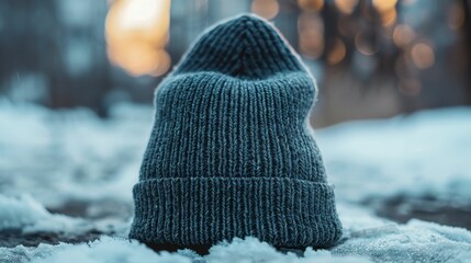 A gray knit hat is sitting on top of a snowy surface