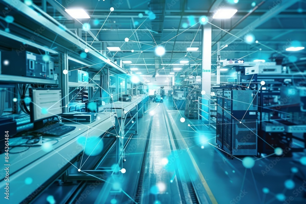 Aufkleber an industrial internet of things iiot network connecting devices and sensors across a modern factory